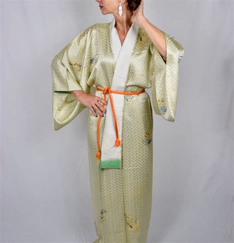Japanese Vintage Kimono Robe Silk In Green With Free Obijime Belt Silk Gown Silk Robe Boho
