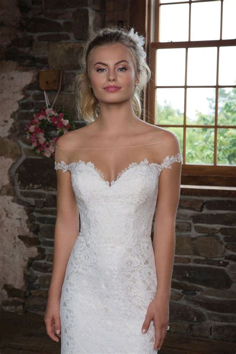 sweetheart gowns style 1113 allover lace fit and flare with off the shoulder illusion necklin