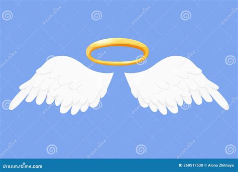 Angel Wings White With Halo Nimbus In Cartoon Style Isolated On Blue