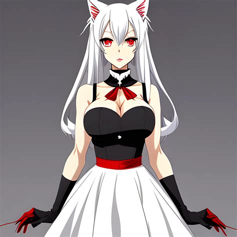 An Anime Cat Girl With Long White Hair And Ears Red Eyes And A