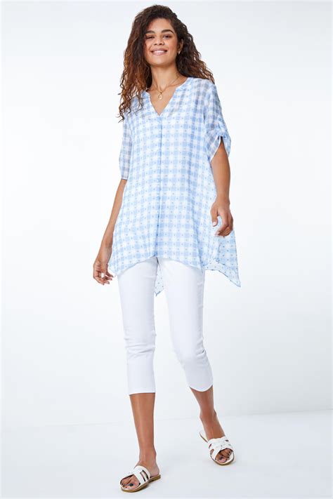 Textured Check Hanky Hem Blouse In Blue Roman Originals Uk