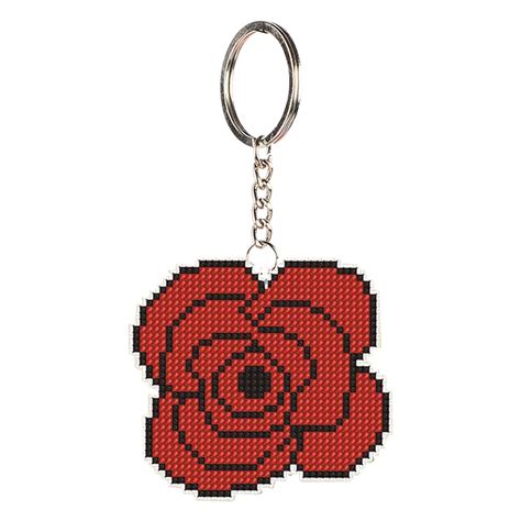 Stamped Beads Cross Stitch Keychain Red Rose