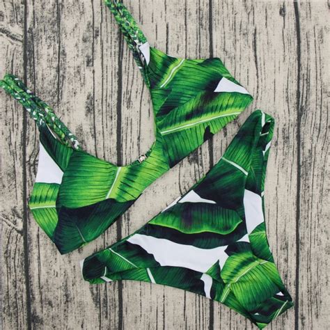 2018 Retro Swimsuit Women Swimwear Palm Leaf Print Bikini Bathing Suit