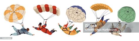 Cartoon Skydivers Characters Cute Guys And Girls With Open Parachutes