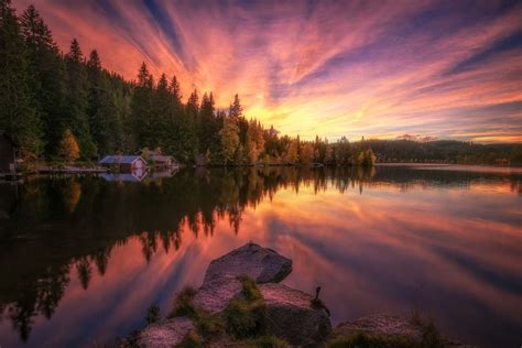 1400x875 Nature Landscape Boathouses Lake Trees Norway Fall Sunset
