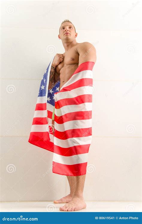 Handsome Topless Man With American Flag On Shoulders Stock Image Image Of Naked Copyspace