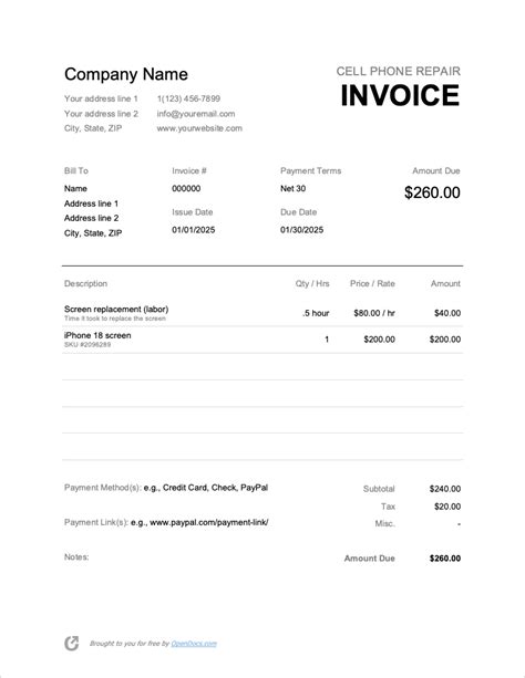 Free Cell Phone Repair Invoice Template Pdf Word Excel