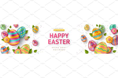 Easter Banner With Eggs And Leaves Illustrator Graphics Creative Market