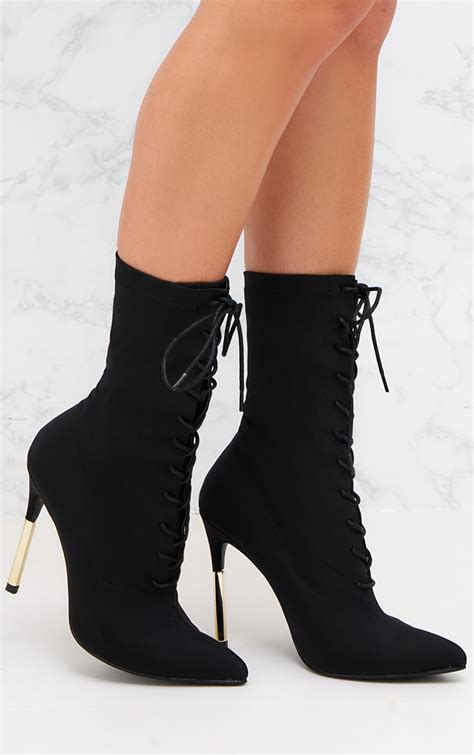 Black Lycra Lace Up Gold Slim Heel Ankle Boot Prettylittlething