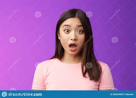 Close Up Shocked Gasping Impressed Asian Brunette Drop Jaw Stare Camera