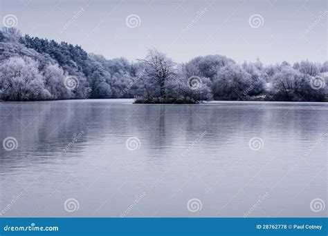 Frosty Winter Trees Landscape With Reflection In Lake Stock Photo