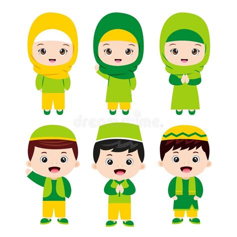 Set Of Muslim Kids Cartoon Character With Various Costume Stock Vector