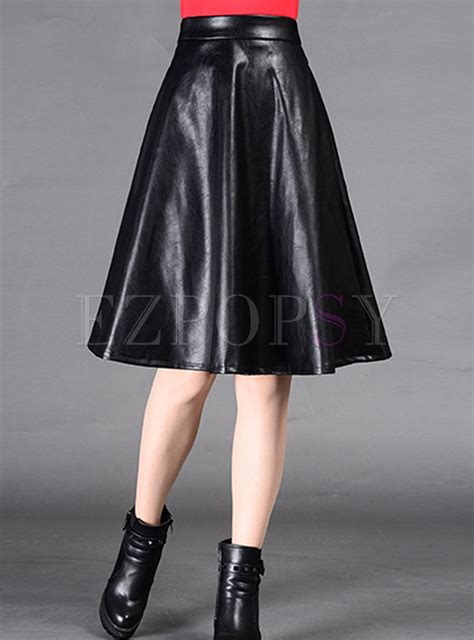 Skirts Skirts Pu A Line Black Pleated Knee Length Skirt