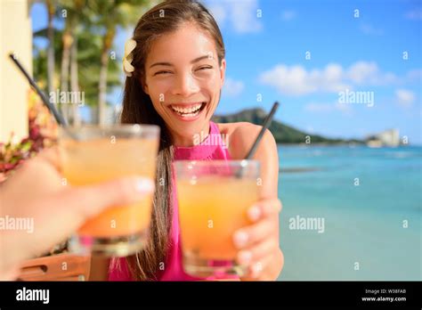 Beach Bar Party Drinking Friends Toasting Hawaiian Sunset Cocktails Having Fun Asian Woman