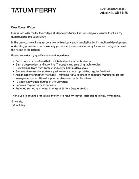 College Student Cover Letter Template