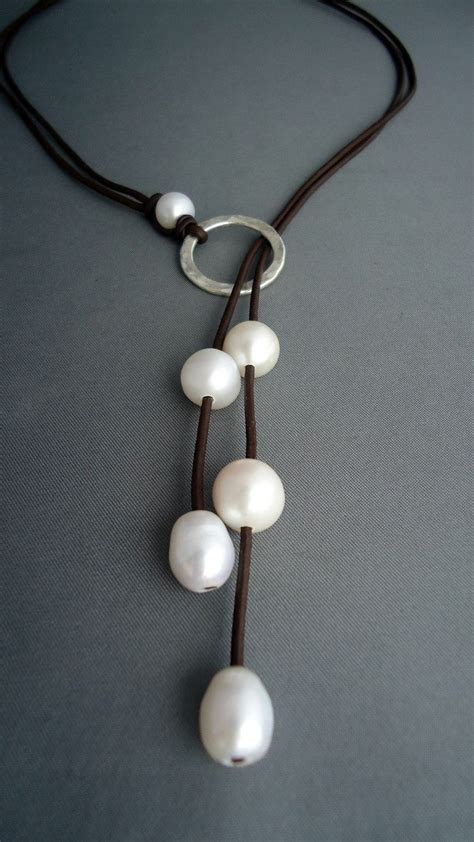Leather And Pearls Hammered Sterling Silver Lariat Leather Etsy