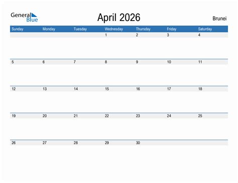 Editable April 2026 Calendar With Brunei Holidays