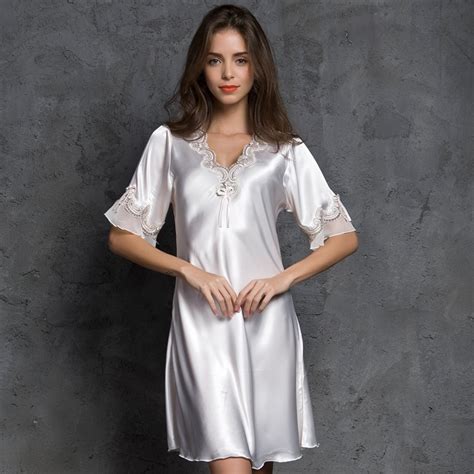 Female Fashion Short Sleeved Summer Thin Silk Nightgown Slim Sexy
