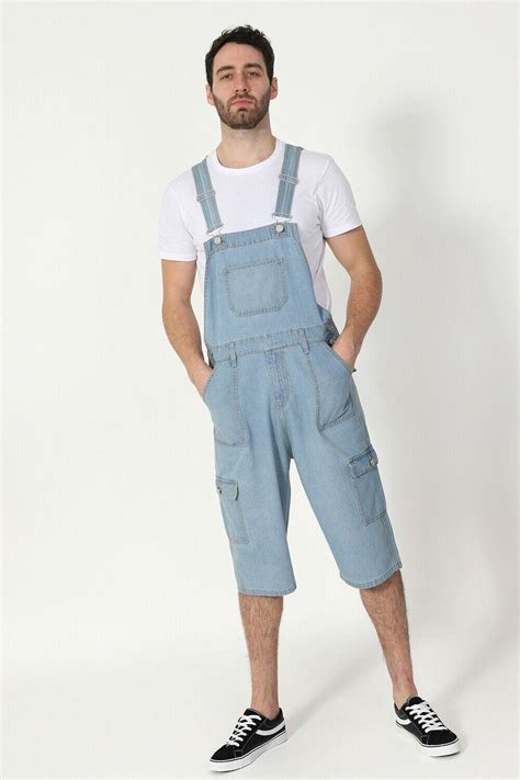 Mens Cargo Pocket Denim Overall Shorts Palewash Short Bib Overalls Shortalls Ebay