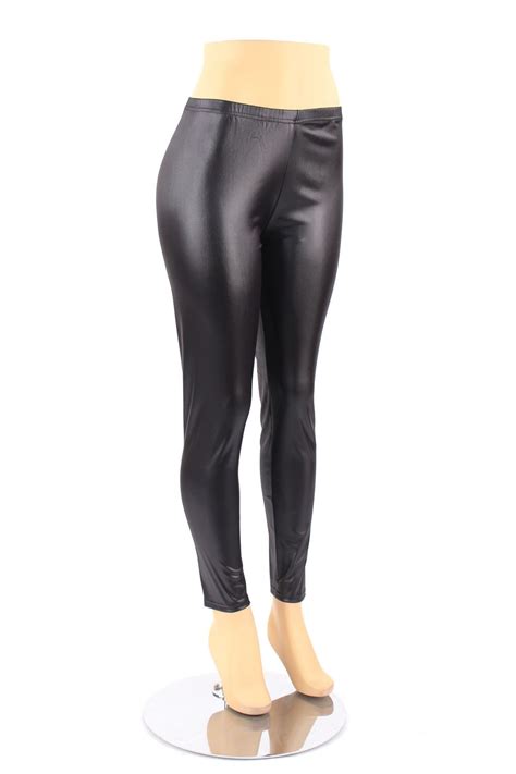Black Plus Size Leggings Shiny Metallic Wet Look Faux Leather Liquid