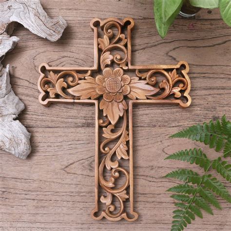 Unicef Market Hand Carved Wood Floral Wall Cross From Bali Lotus Cross