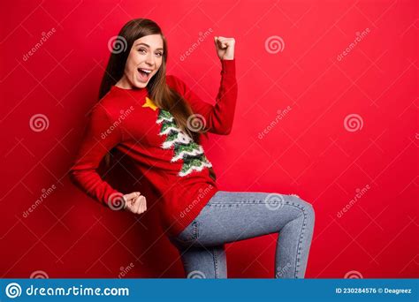 Profile Photo Of Astonished Young Lady Hands Fists Wear Holiday Sweater