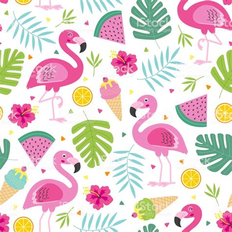 Cheerful Tropical Seamless Pattern With Pink Flamingo Vector