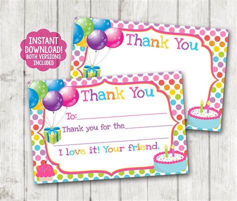 Instant Download Printable Birthday Thank You Cards