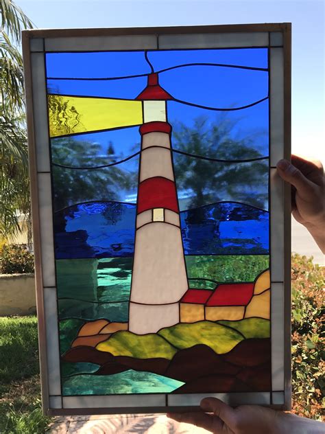 Atlantic Ocean Lighthouse Leaded Stained Glass Window Panel