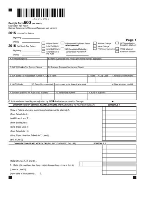 Fillable Georgia Form 600 Corporation Tax Return 2015 Printable Pdf