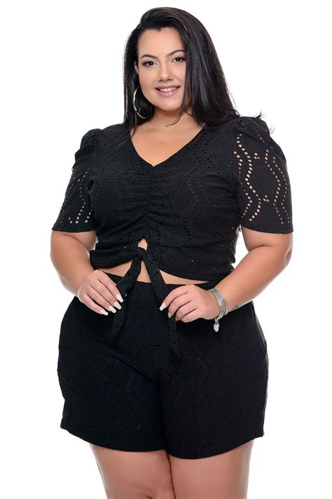 Cropped Plus Size Malha De Laise Preto Vk Moda Plus Size