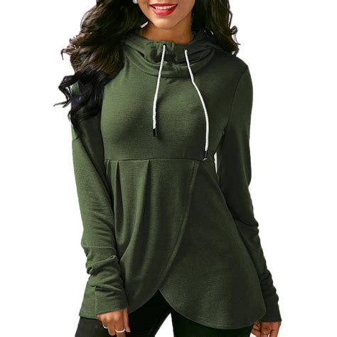 Women Long Sleeve Hooded Sweatshirt Jumpers Wrap Asymmetric Hem Outwear