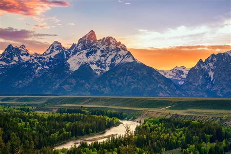 Usa Wyoming Mountains River Forest Sunset Sunrise Wallpapers Hd