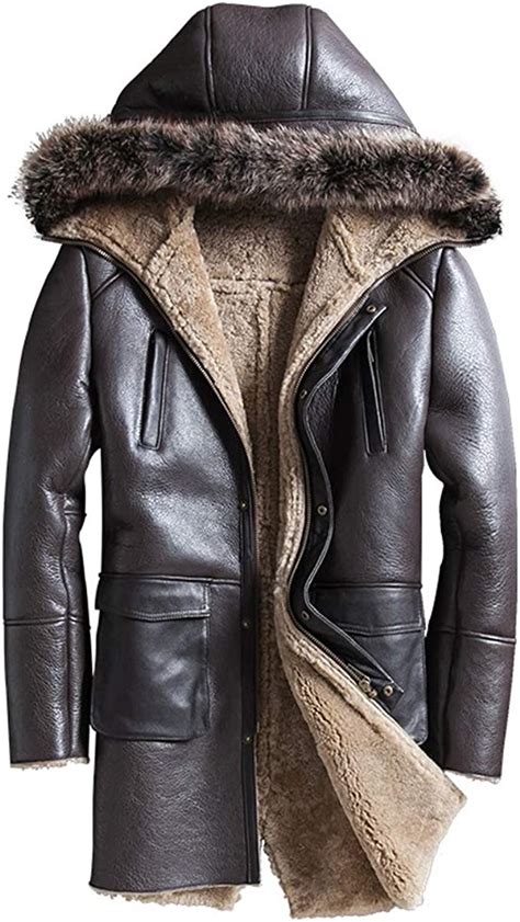 Mens Sheepskin Shearling Jacket Raccoon Fur Collar Fur Coat Hooded
