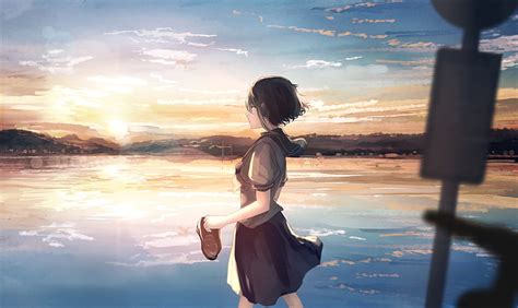 1366x768px 720p Free Download Sunset Anime Girl Looking Away