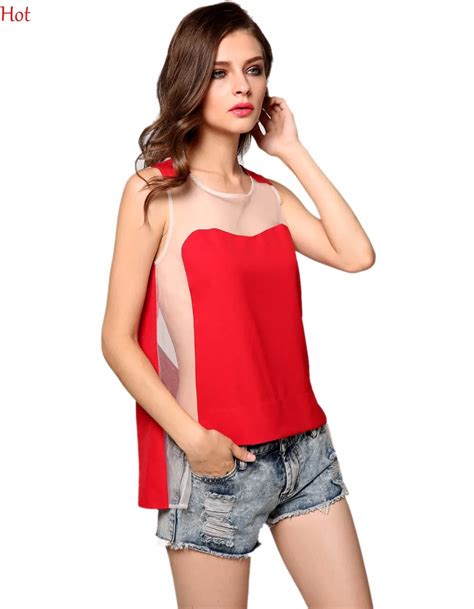 sexy women blouses o neck mesh patchwork shirt sleeveless blouse see