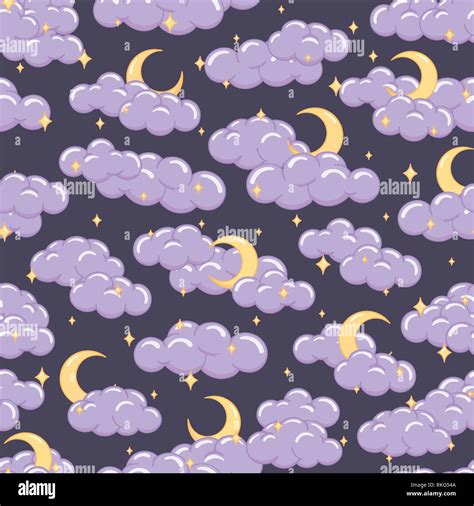 Night Sky Seamless Pattern With Clouds Stars And Moons Cute Children
