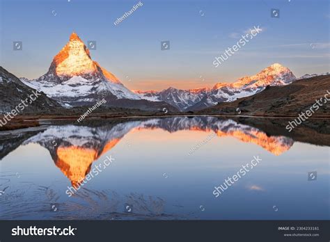 Matterhorn Reflection Riffelsee Lake Sunrise Gornergrat Stock Photo