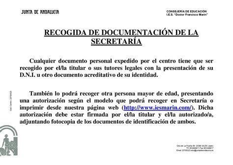 Iesmarines Normas Para Recogida De Documentos En Secretaría