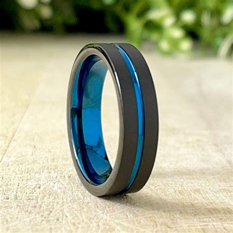 Black Blue Men Wedding Band Tungsten Carbide Ring Brushed Women