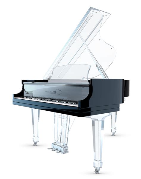 A Grand Piano With A Clear Case And Wooden Stand On An Isolated White