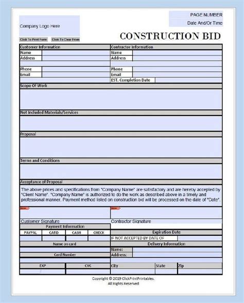 Construction Bid Project Form Template Simple Minimal Editable Downloadable Printable Small