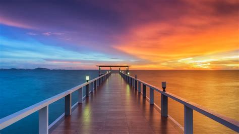 Wooden Pier Wallpaper 4k Sunset Horizon Resort Dawn Dusk Vacation