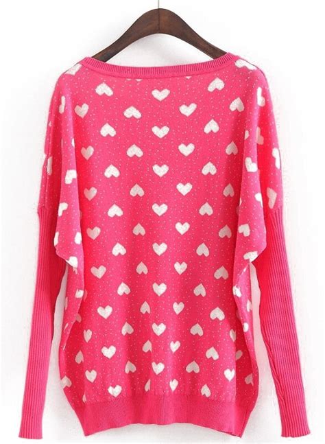 Pink Long Sleeve Hearts Pattern Loose Sweater Sheinsheinside