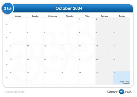 The name of a current moon phase and the approximate percent of an illuminated surface of the moon visible from the earth are also given. Calendar October 2004