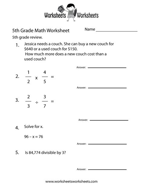 Tests and exams for all levels: Fifth Grade Math Practice Worksheet - Free Printable ...