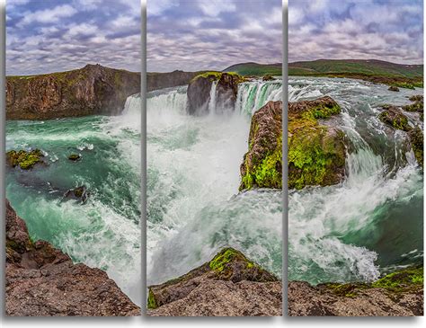 Majestic Godafoss Waterfall Iceland Metal Wall Art 3 Panels 36x28