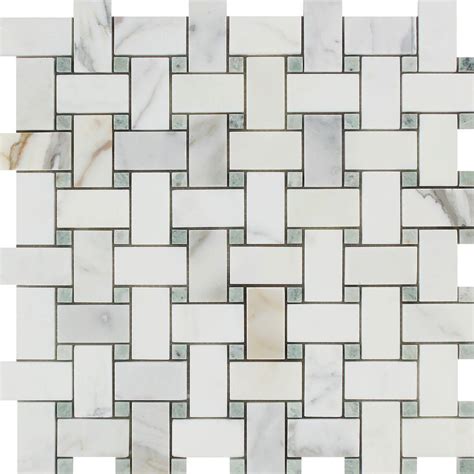 Calacatta Gold Honed Marble Basketweave Mosaic Tile W Ming Green Dots