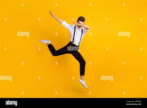 Full Length Body Size Photo Of Jumping Man Dancing Hip Hop Showing Hype