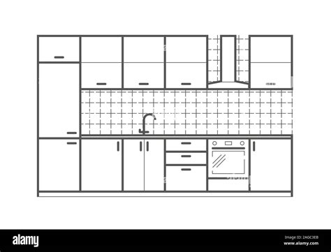 Kitchen Furniture Front View In Linear Style Interior Vector